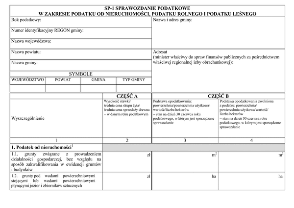 SP-1 Sprawozdanie podatkowe w zakresie podatku od nieruchomości, podatku rolnego i podatku leśnego