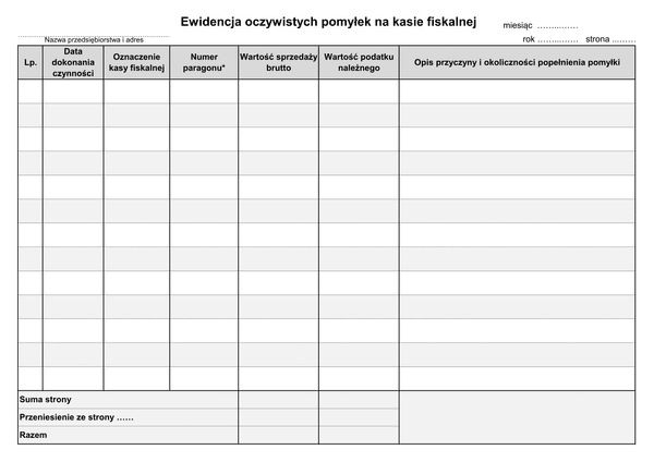 EOPKF Ewidencja oczywistych pomyłek na kasie fiskalnej
