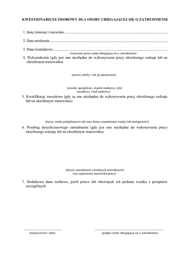 KOUoZ Kwestionariusz osobowy dla osoby ubiegającej się o zatrudnienie