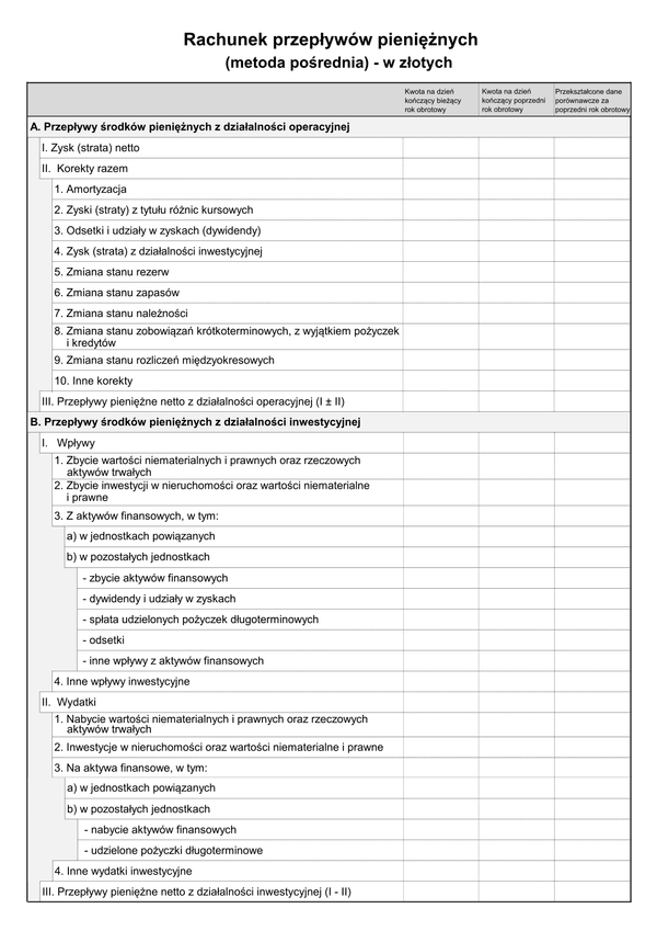 SFJINZ Rach-Pp (v.1-2) (v.1-3) Rachunek przepływów pieniężnych (metoda pośrednia) w złotych - z wysyłką pliku xml JPK_SF 