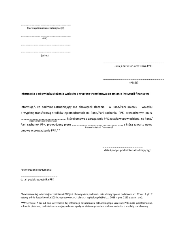 IOZW-PPK Informacja o obowiązku złożenia wniosku o wypłatę po zmianie instytucji finansowej (PPK)