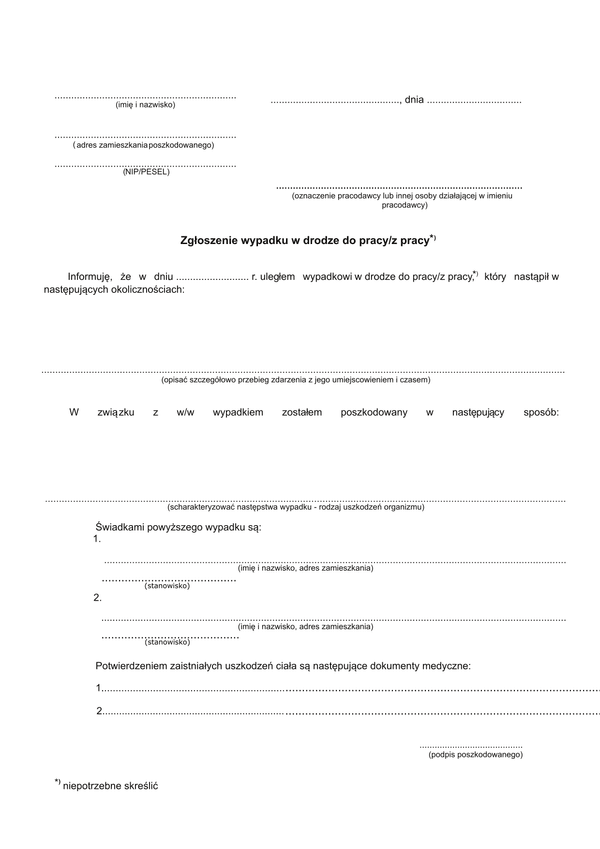 ZWWD Zgłoszenie wypadku w drodze do pracy / z pracy przez pracownika
