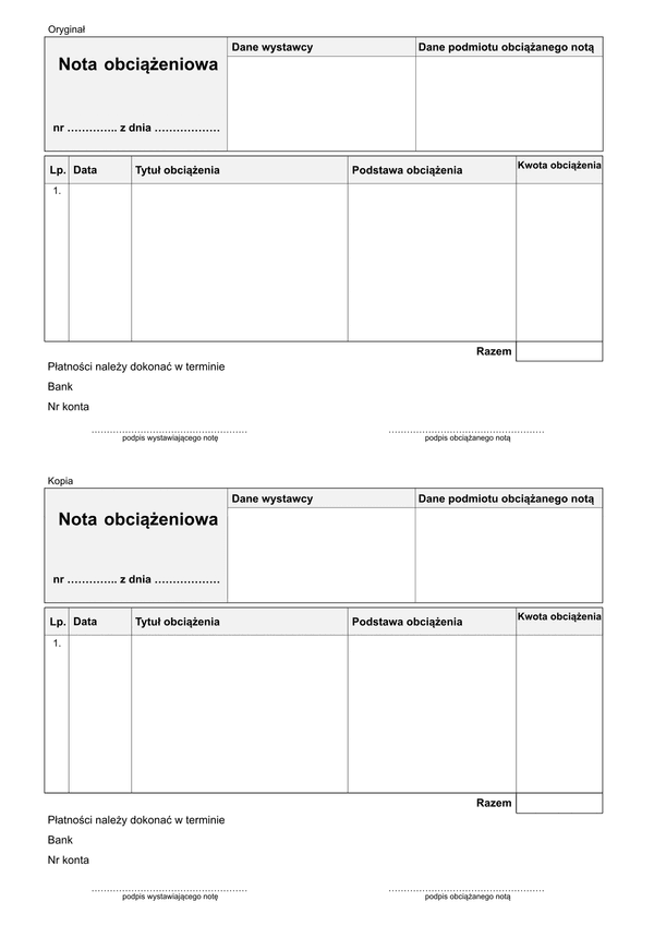 NOb Nota obciążeniowa - jedna pozycja