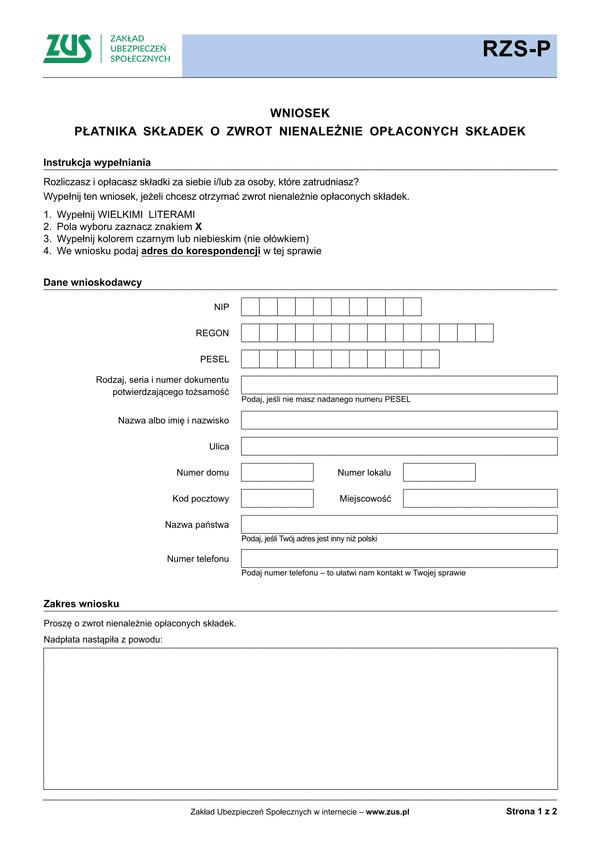 ZUS RZS-P Wniosek płatnika składek o zwrot nienależnie opłaconych składek - wersja papierowa
