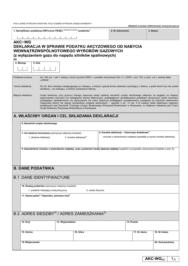 AKC-WG (6) Deklaracja dla podatku akcyzowego od nabycia wewnątrzwspólnotowego wyrobów gazowych (z wyłączeniem gazu do napędu silników spalinowych)