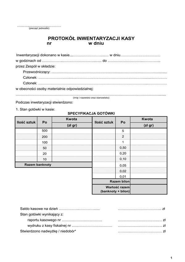 Pik Protokół inwentaryzacji kasy