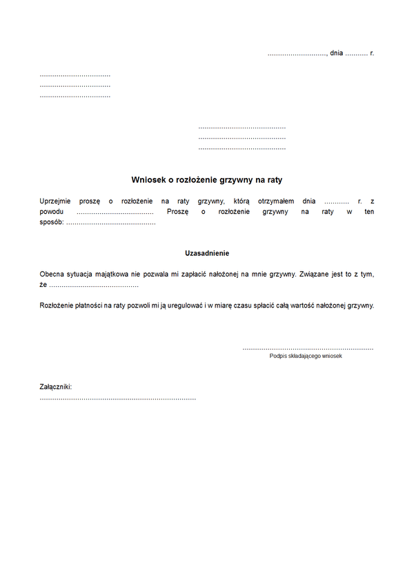 WRGR Wniosek o rozłożenie grzywny na raty