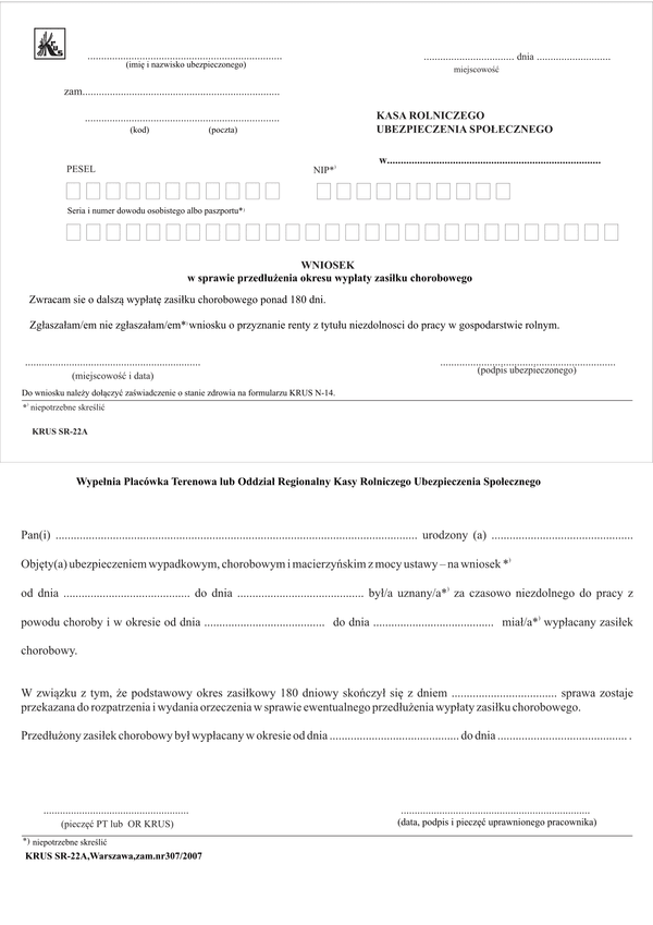 KRUS SR-22A Wniosek w sprawie przedłużenia okresu wypłaty zasiłku chorobowego