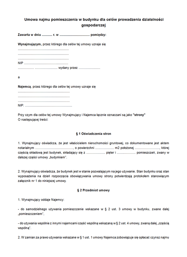 UNPd Umowa najmu pomieszczenia dla celów prowadzenia działalności gospodarczej