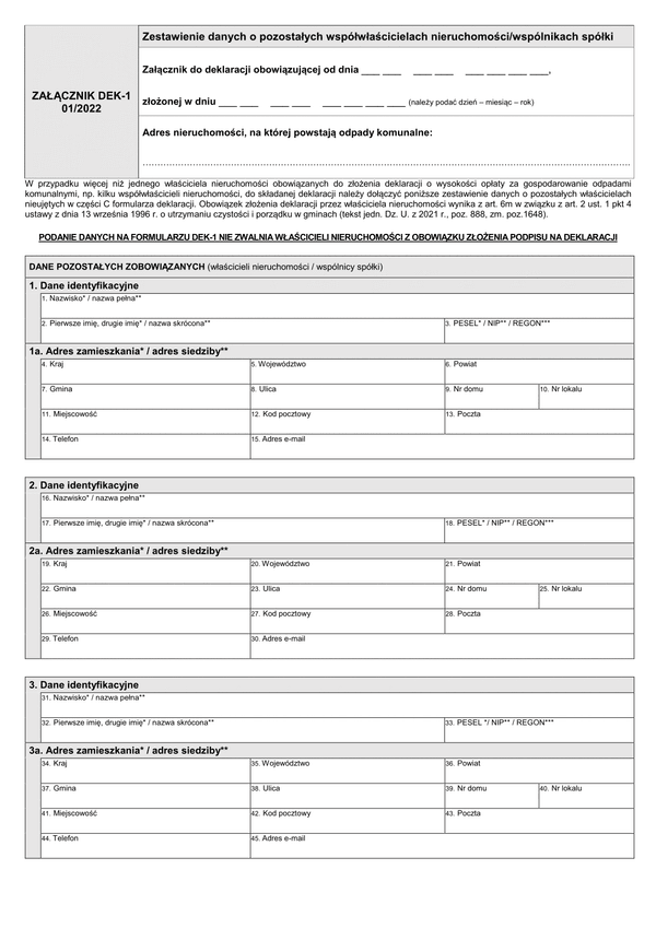 DEK-1 Zestawienie danych o pozostałych współwłaścicielach nieruchomości/wspólnikach spółki