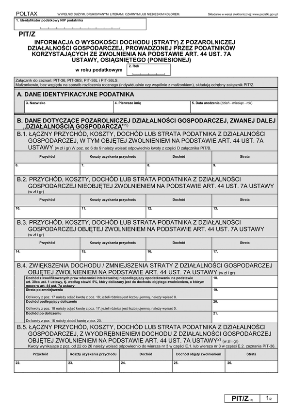 PIT/Z (11) (2022-2024) Informacja o wysokości dochodu (straty) z pozarolniczej działalności gospodarczej, prowadzonej przez podatników korzystających ze zwolnienia na podstawie art.44 ust.7a ustawy