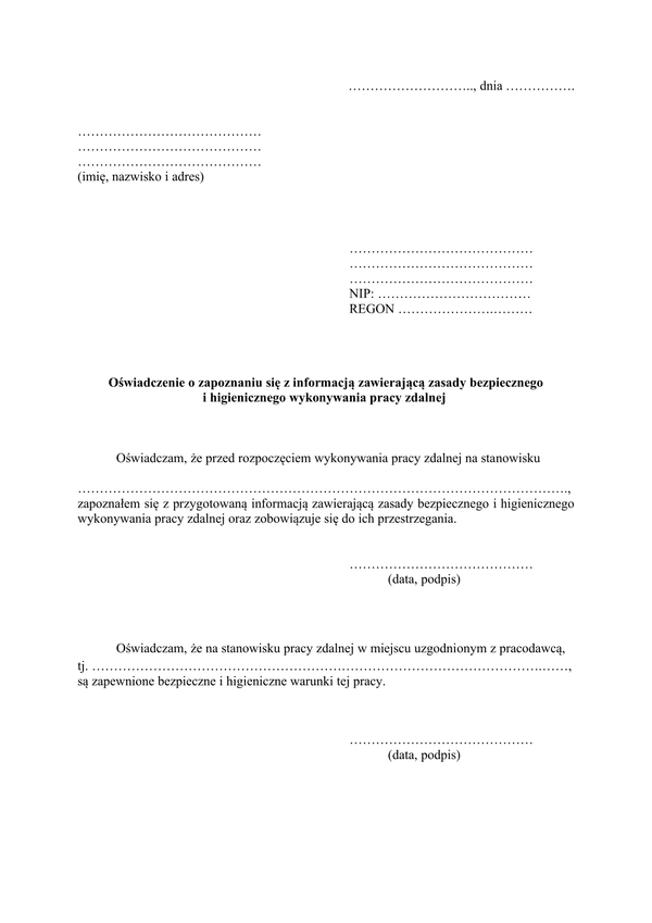 Oświadczenie o zapoznaniu się z informacją zawierającą zasady bezpiecznego i higienicznego wykonywania pracy zdalnej