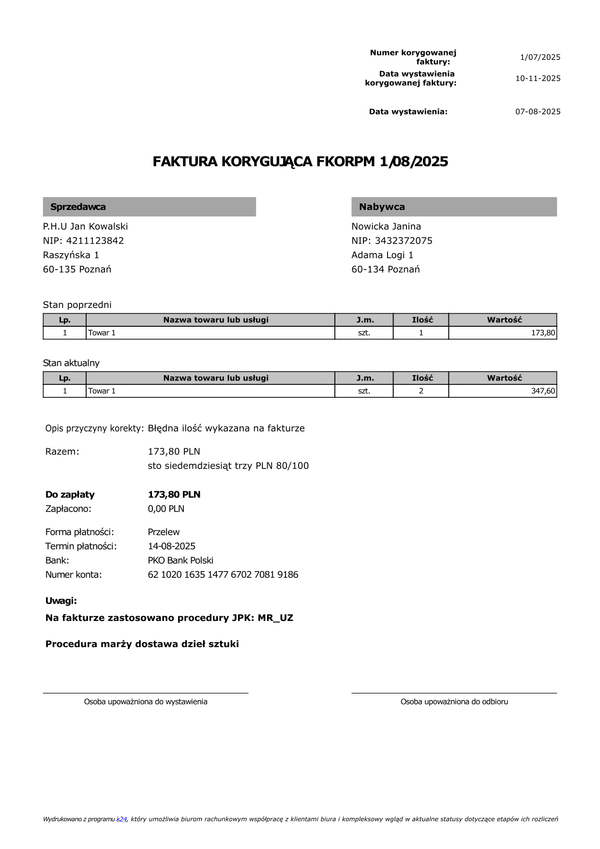 FKORPM Faktura korygująca procedura marży (zgodna z KSeF)