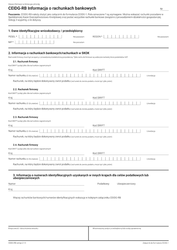 CEIDG-RB (2.1) Informacja o rachunkach bankowych
