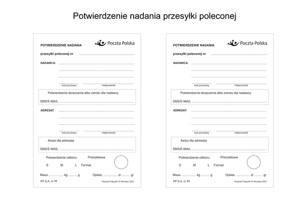 PP 11 (od 2023) Potwierdzenie nadania przesyłki poleconej (2 sztuki)