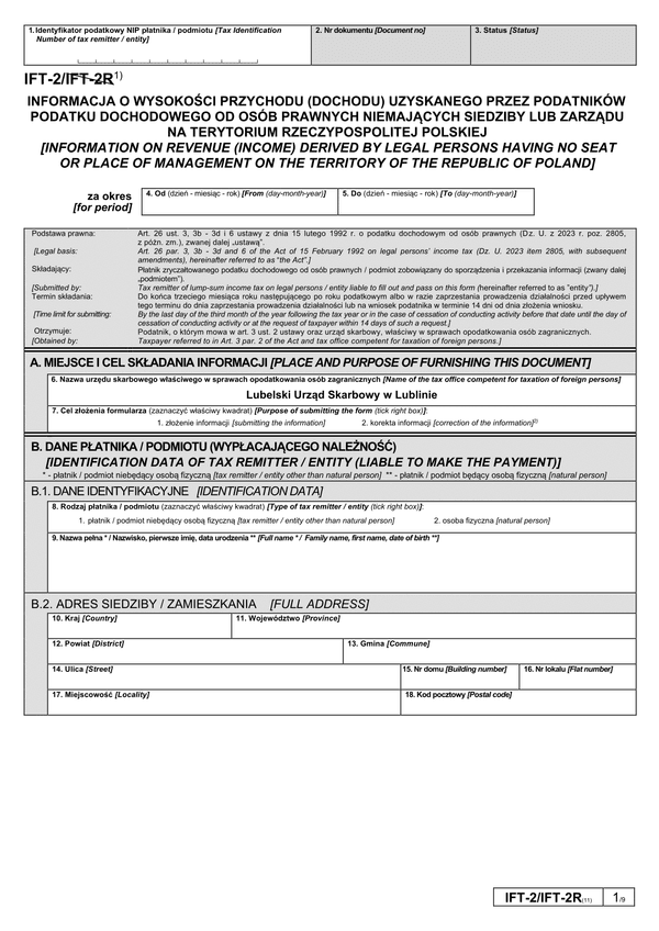 IFT-2 (11) (2024) Informacja o wysokości przychodu (dochodu) uzyskanego przez podatników podatku dochodowego od osób prawnych niemających siedziby lub zarządu na terytorium Rzeczypospolitej Polskiej