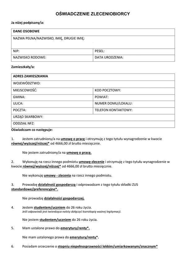OZ Oświadczenie zleceniobiorcy (od 01.01.2025r.)