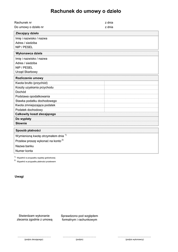 RdUOD (2025) Rachunek do umowy o dzieło (do 200 zł)