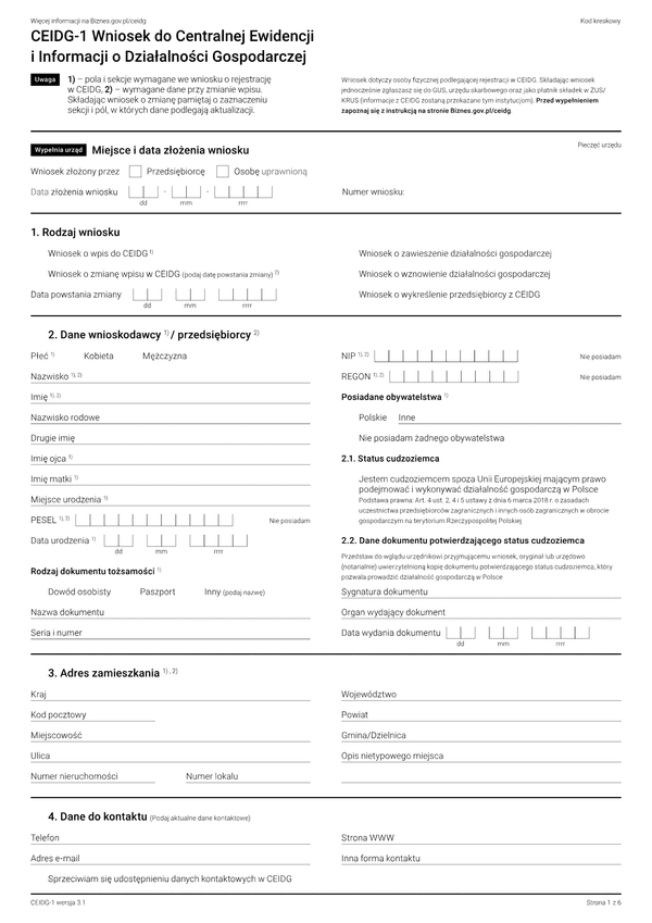 CEIDG-1 (3.1) Wniosek o wpis do centralnej ewidencji i informacji o działalności gospodarczej