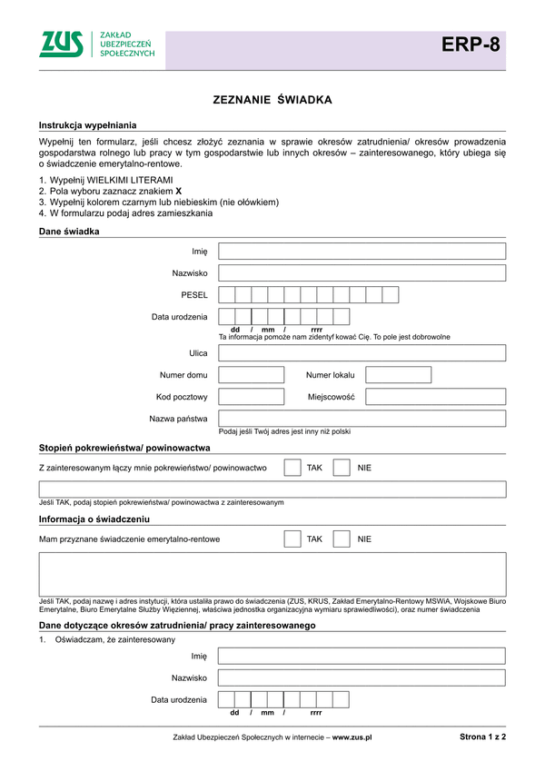 ZUS ERP-8  Zeznanie świadka w sprawie emerytalno-rentowej 