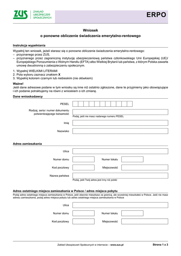 ZUS ERPO Wniosek o ponowne obliczenie świadczenia emerytalno-rentowego - wersja papierowa