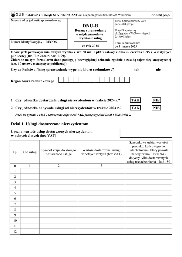 GUS DNU-R (2025) Sprawozdanie o międzynarodowej wymianie usług za rok 2024