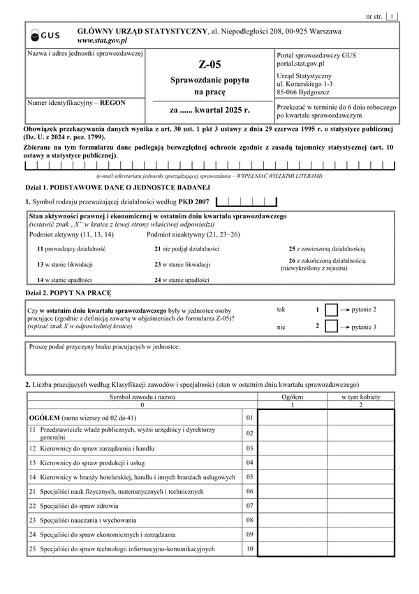 GUS Z-05 (2025) Badanie popytu na pracę