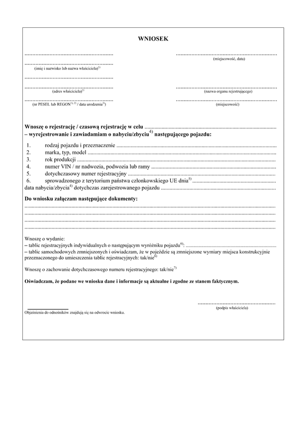 WoRC Wniosek o rejestrację, czasową rejestrację, wyrejestrowanie, zawiadomienie o nabyciu lub zbyciu pojazdu