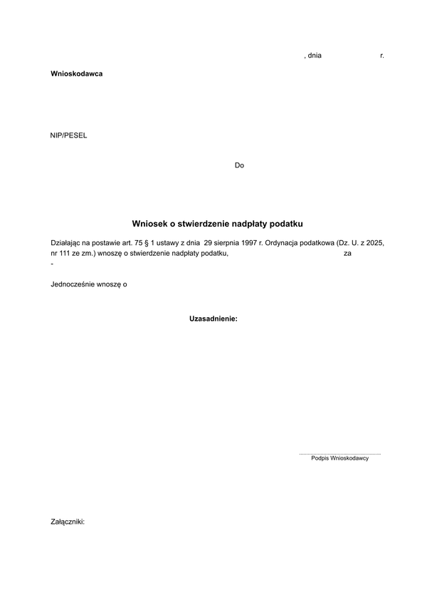 WSNP Wniosek o stwierdzenie nadpłaty podatku