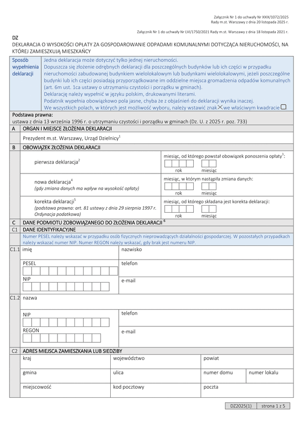 DZ Deklaracja o wysokości opłaty za gospodarowanie odpadami komunalnymi dotycząca nieruchomości na której zamieszkują mieszkańcy(Warszawa)
