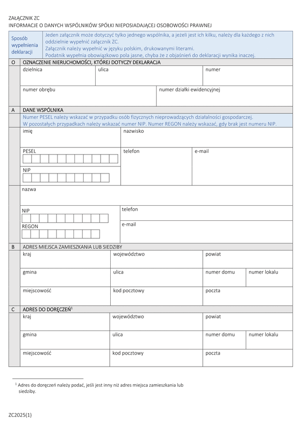 ZC mz Załącznik do deklaracji DM i DZ - Informacje o danych wspólników spółki nieposiadającej osobowości prawnej