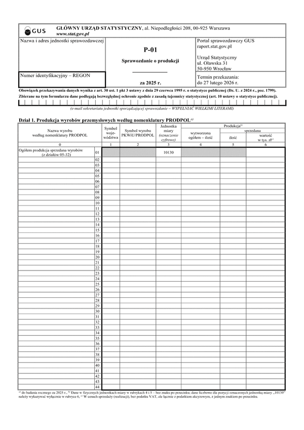 GUS P-01 (2025) Sprawozdanie o produkcji za 2025 rok
