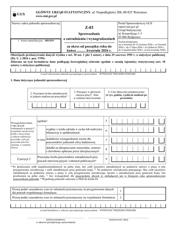 GUS Z-03 (2026) Sprawozdanie o zatrudnieniu i wynagrodzeniach