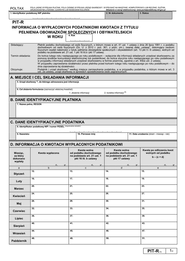 PIT-R (18) (archiwalny) (2017) Informacja o wypłaconych podatnikowi kwotach z tytułu pełnienia obowiązków społecznych i obywatelskich (PIT-R / PIT-RZ)