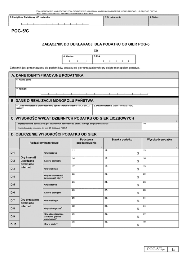 POG-5/C (2) Załącznik do deklaracji POG-5 dla podatku od gier