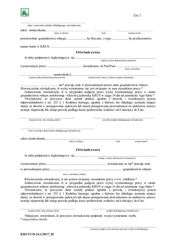 KRUS UD-24A (archiwalny) Oświadczenie w sprawie pracy w gospodarstwie