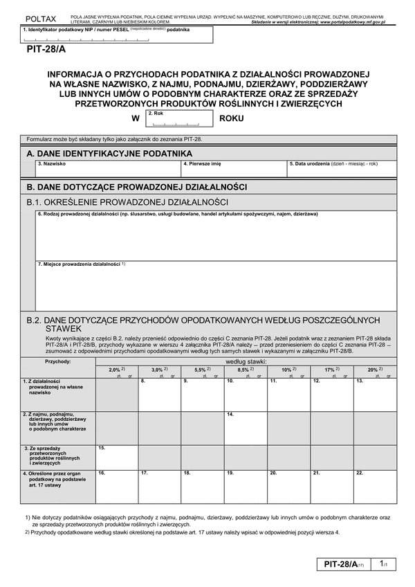 PIT-28/A (17) (archiwalny) (2017) Informacja o przychodach podatnika z działalności prowadzonej na własne nazwisko oraz z najmu, podnajmu, dzierżawy, poddzierżawy lub innych umów o podobnym charakterze