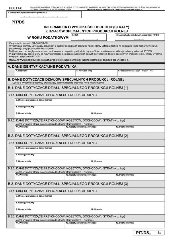 PIT/DS (2) (archiwalny) (2017) Informacja o wysokości dochodu (straty) z działów specjalnych produkcji rolne