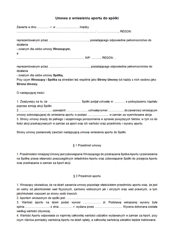 UWAdS Umowa o wniesieniu aportu do spółki 