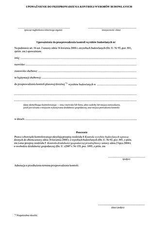 UdPKWB Upoważnienie do przeprowadzenia kontroli wyrobów budowlanych