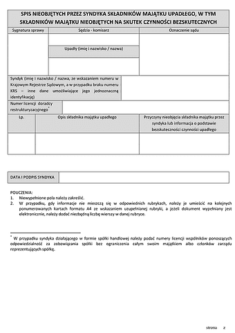 SNPS Spis nieobjętych przez syndyka składników majątku upadłego, w tym składników majątku nieobjętych na skutek czynności bezskutecznych