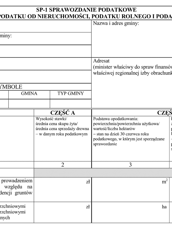 SP-1 Sprawozdanie podatkowe w zakresie podatku od nieruchomości, podatku rolnego i podatku leśnego