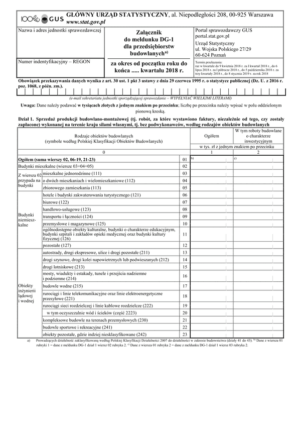 GUS DG-1 ZAŁ (2018) (archiwalny) Załącznik do meldunku DG-1 dla przedsiębiorstw budowlanych