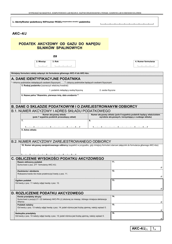 AKC-4/J (7) (archiwalny) Podatek akcyzowy od gazu do napędu silników spalinowych