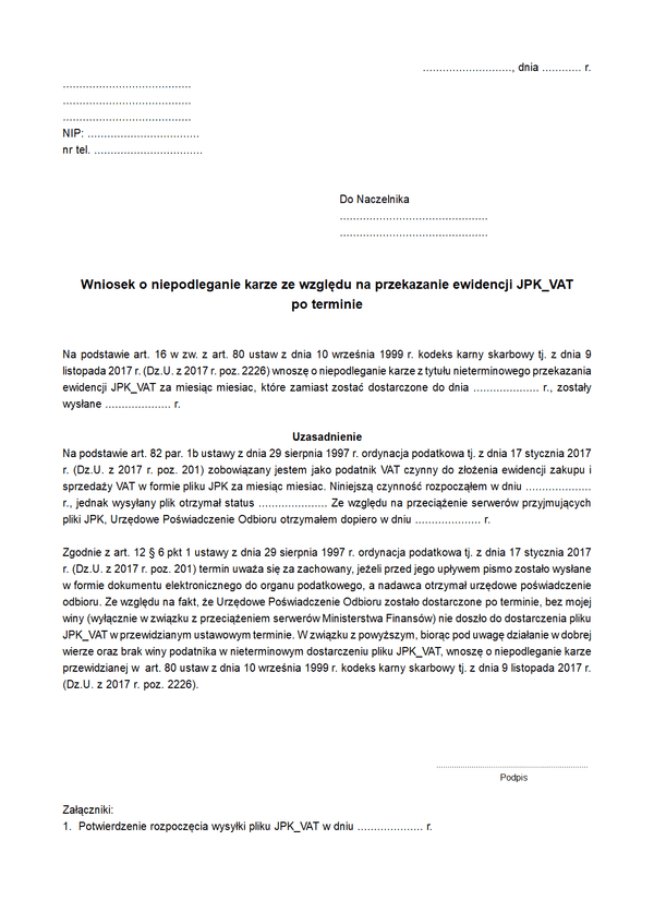 Wn_JPK (archiwalny) Wniosek o niepodleganie karze ze względu na przekazanie ewidencji JPK_VAT po terminie