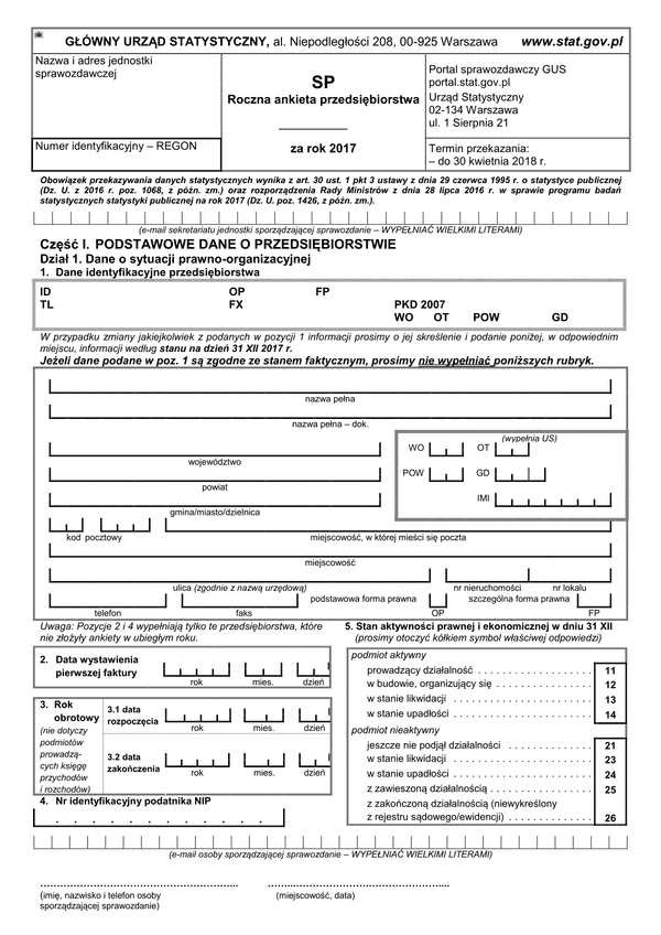 GUS SP (2017) (archiwalny) Roczna ankieta przedsiębiorstwa za rok 2017