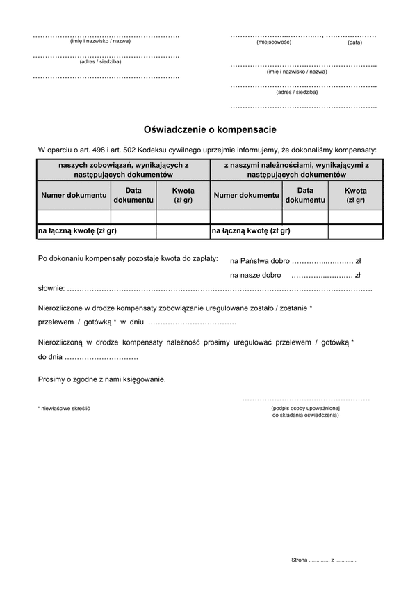 Oświadczenie o kompensacie zobowiązań