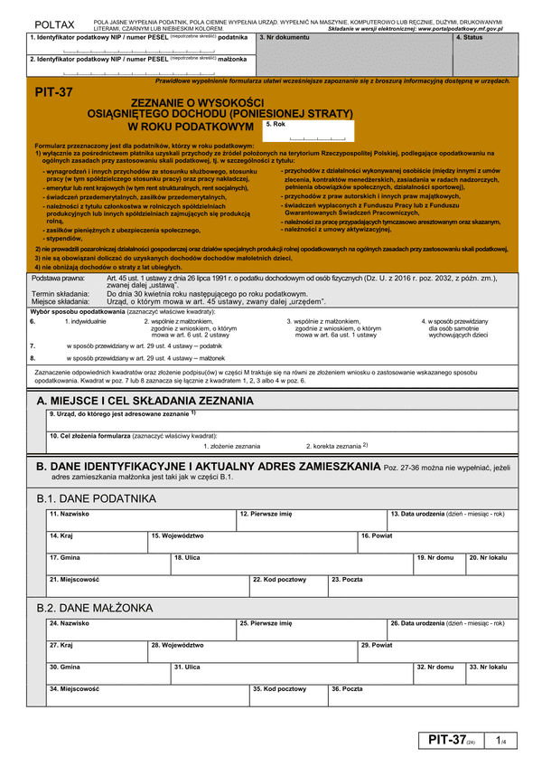 PIT-37 (24) (archiwalny) (2018) Zeznanie o wysokości osiągniętego dochodu (lub poniesionej straty)