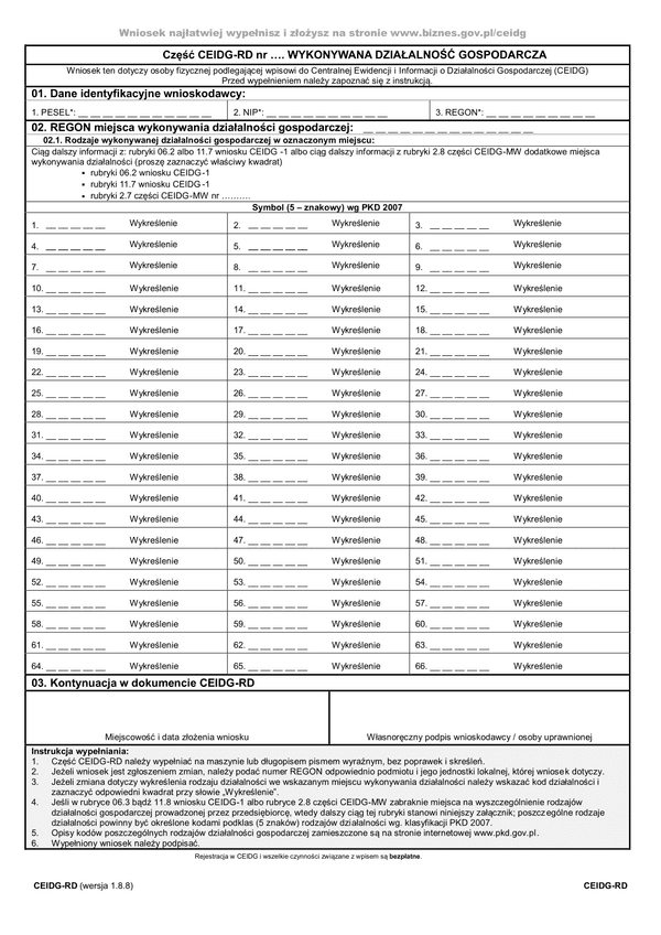 CEIDG-RD (1.8.8) (archiwalny) Wykonywana działalność gospodarcza