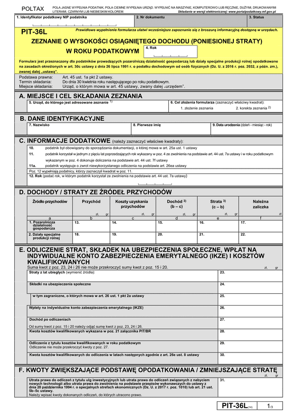 PIT-36L (14) (archiwalny) (2018) Zeznanie o wysokości osiągniętego dochodu (poniesionej straty)